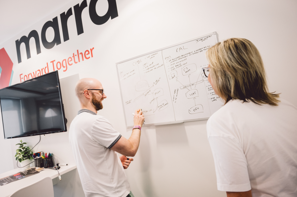 Two people drawing on a white board